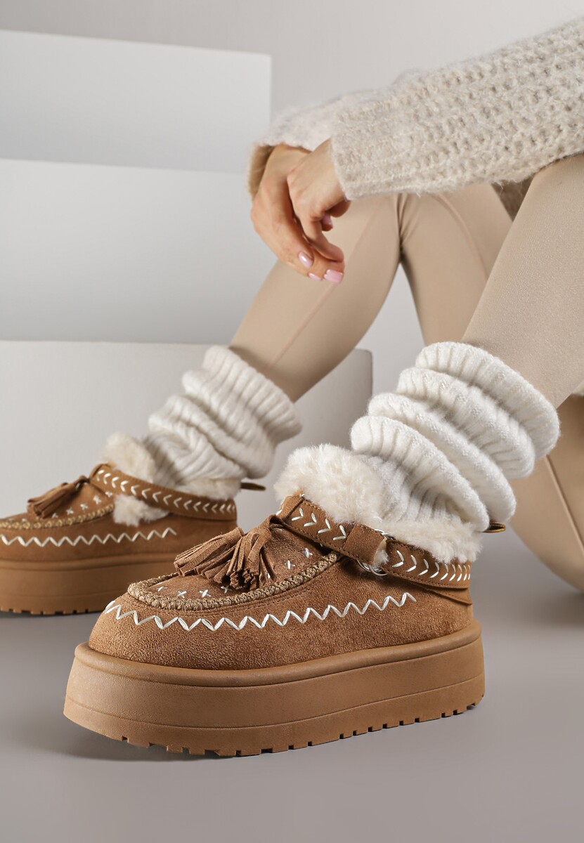 Brązowe Śniegowce na Platformie Ozdobione Haftem i Frędzlami  Linomis 2