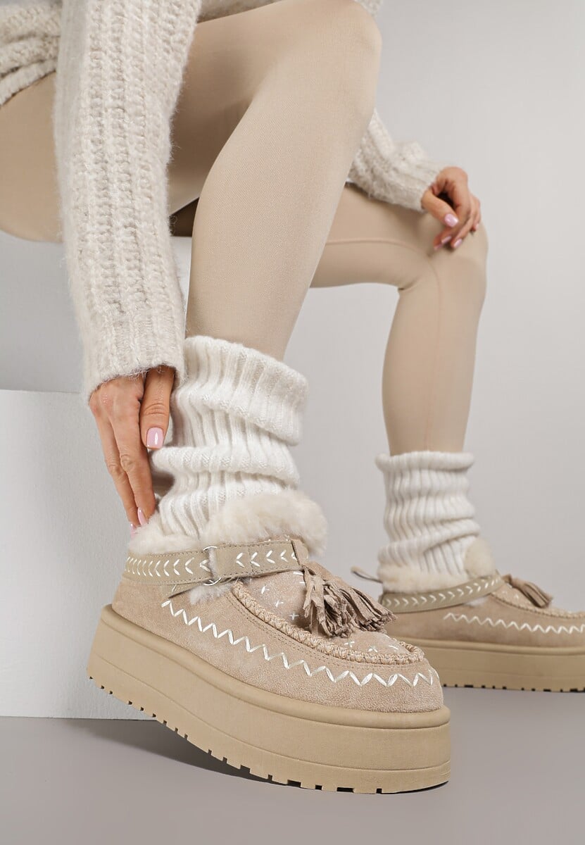 Beżowe Śniegowce na Platformie Ozdobione Haftem i Frędzlami  Linomis 1