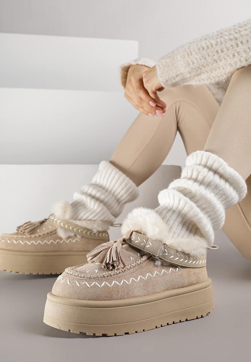 Beżowe Śniegowce na Platformie Ozdobione Haftem i Frędzlami  Linomis 2