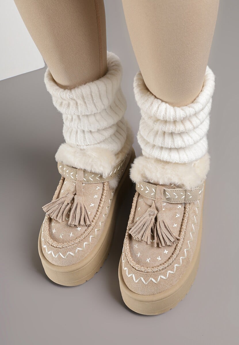 Beżowe Śniegowce na Platformie Ozdobione Haftem i Frędzlami  Linomis 3