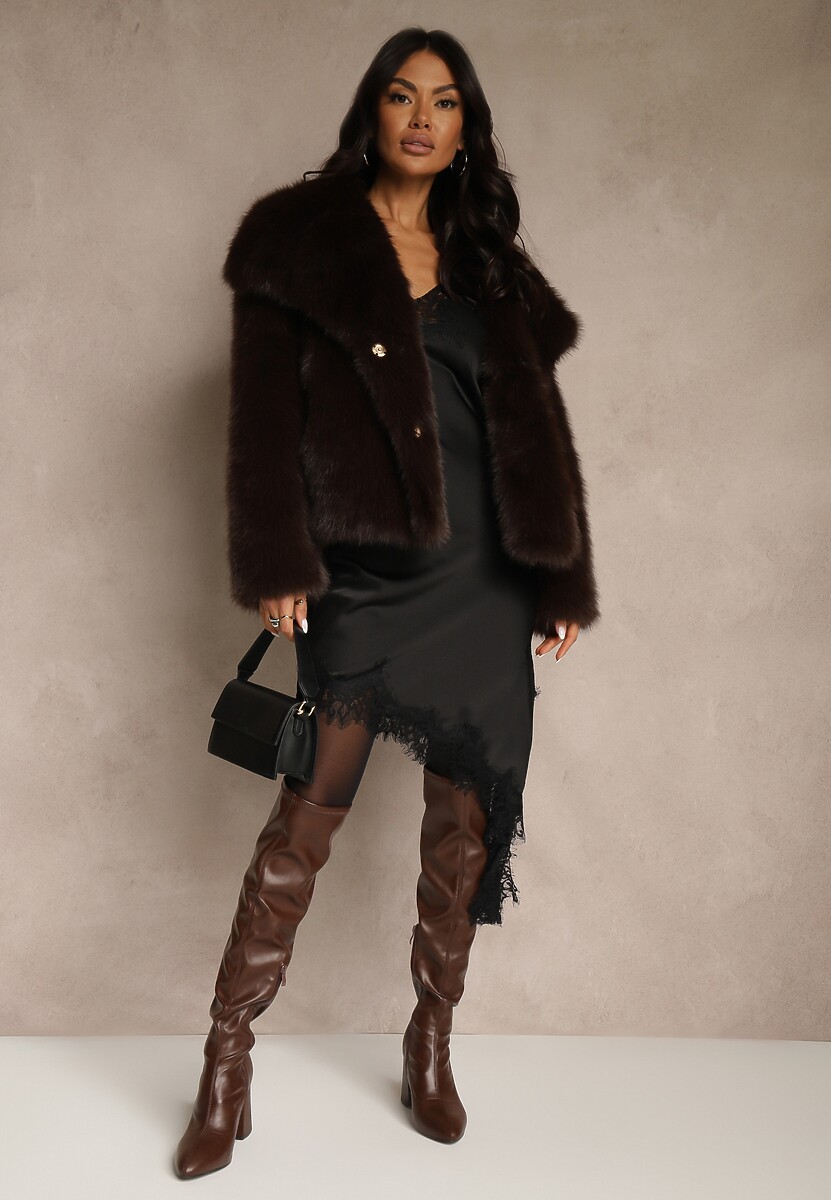 Czarna Satynowa Sukienka Asymetryczna z Koronką Monoria 2