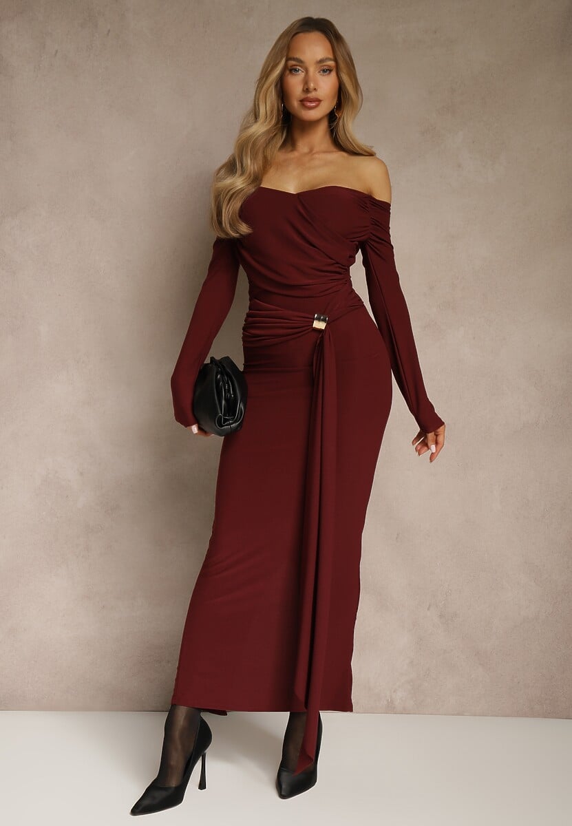 Bordowa Marszczona Sukienka o Dopasowanym Kroju z Trenem i Rozcięciem Aluilea 2