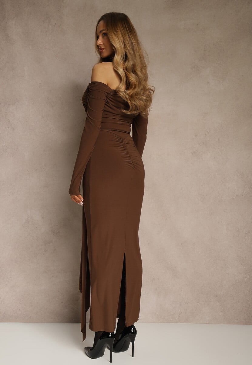 Brązowa Marszczona Sukienka o Dopasowanym Kroju z Trenem i Rozcięciem Aluilea 3