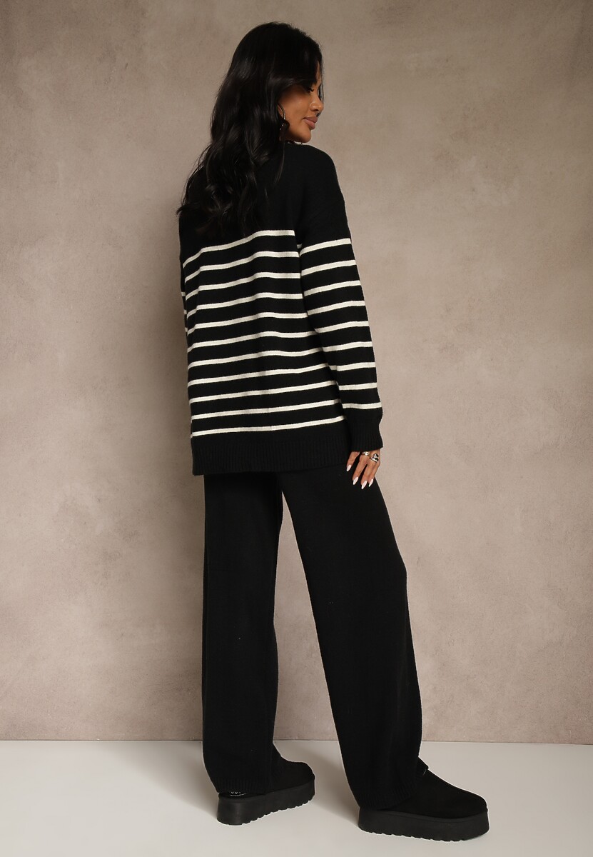 Czarny Komplet z Bawełną i Wełną Spodnie o Szerokim Kroju i Sweter w Paski Reimeia 3