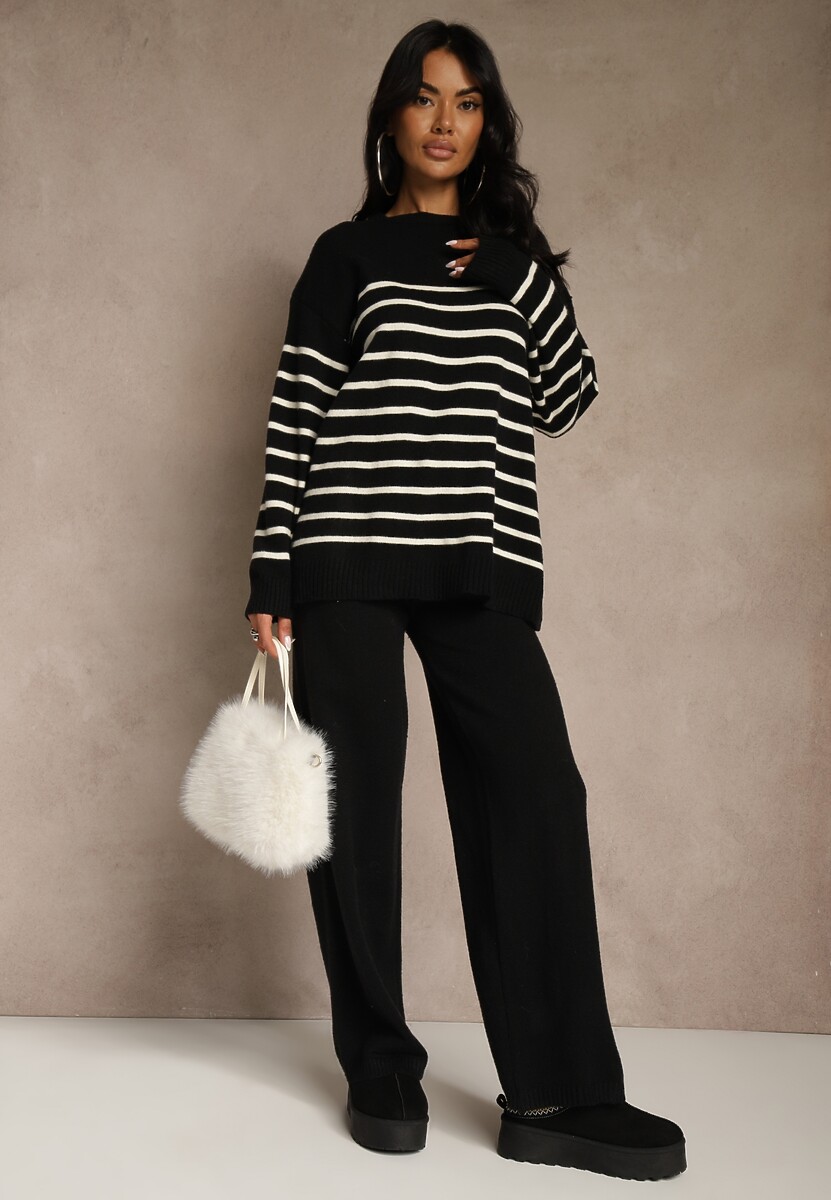 Czarny Komplet z Bawełną i Wełną Spodnie o Szerokim Kroju i Sweter w Paski Reimeia 1