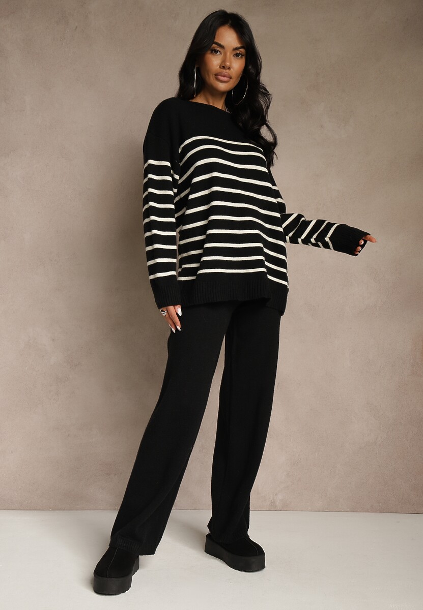 Czarny Komplet z Bawełną i Wełną Spodnie o Szerokim Kroju i Sweter w Paski Reimeia 2