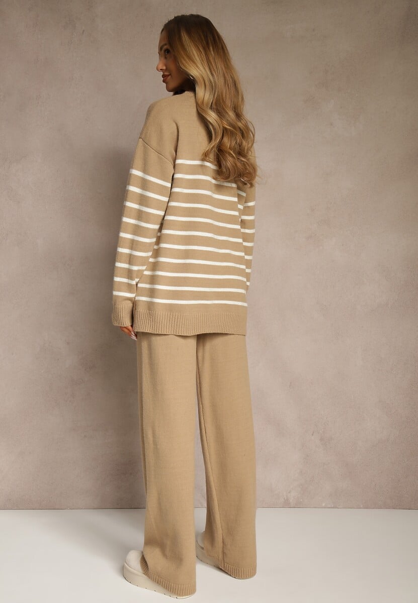 Ciemnobeżowy Komplet z Bawełną i Wełną Spodnie o Szerokim Kroju i Sweter w Paski Reimeia 3