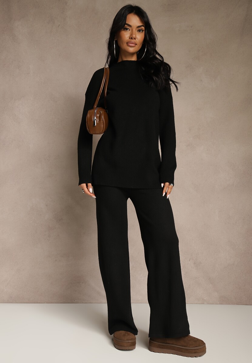Czarny Komplet z Wełną i Bawełną Szerokie Spodnie i Sweter o Długim Kroju Reilissa 2