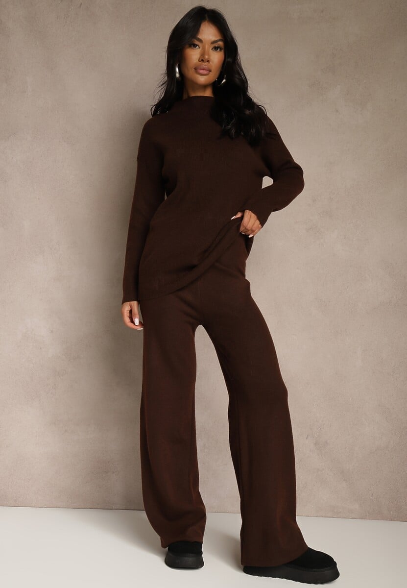 Brązowy Komplet z Wełną i Bawełną Szerokie Spodnie i Sweter o Długim Kroju Reilissa 1