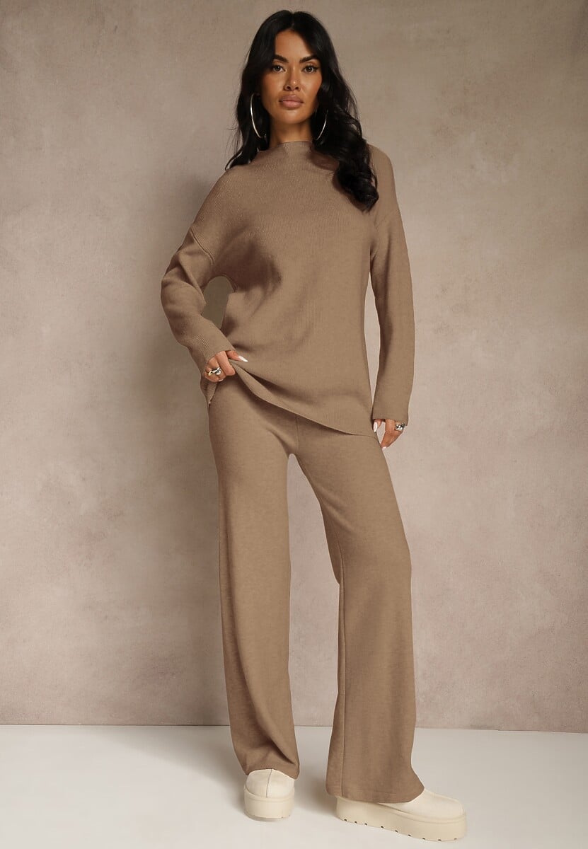 Ciemnobeżowy Komplet z Wełną i Bawełną Szerokie Spodnie i Sweter o Długim Kroju Reilissa 1