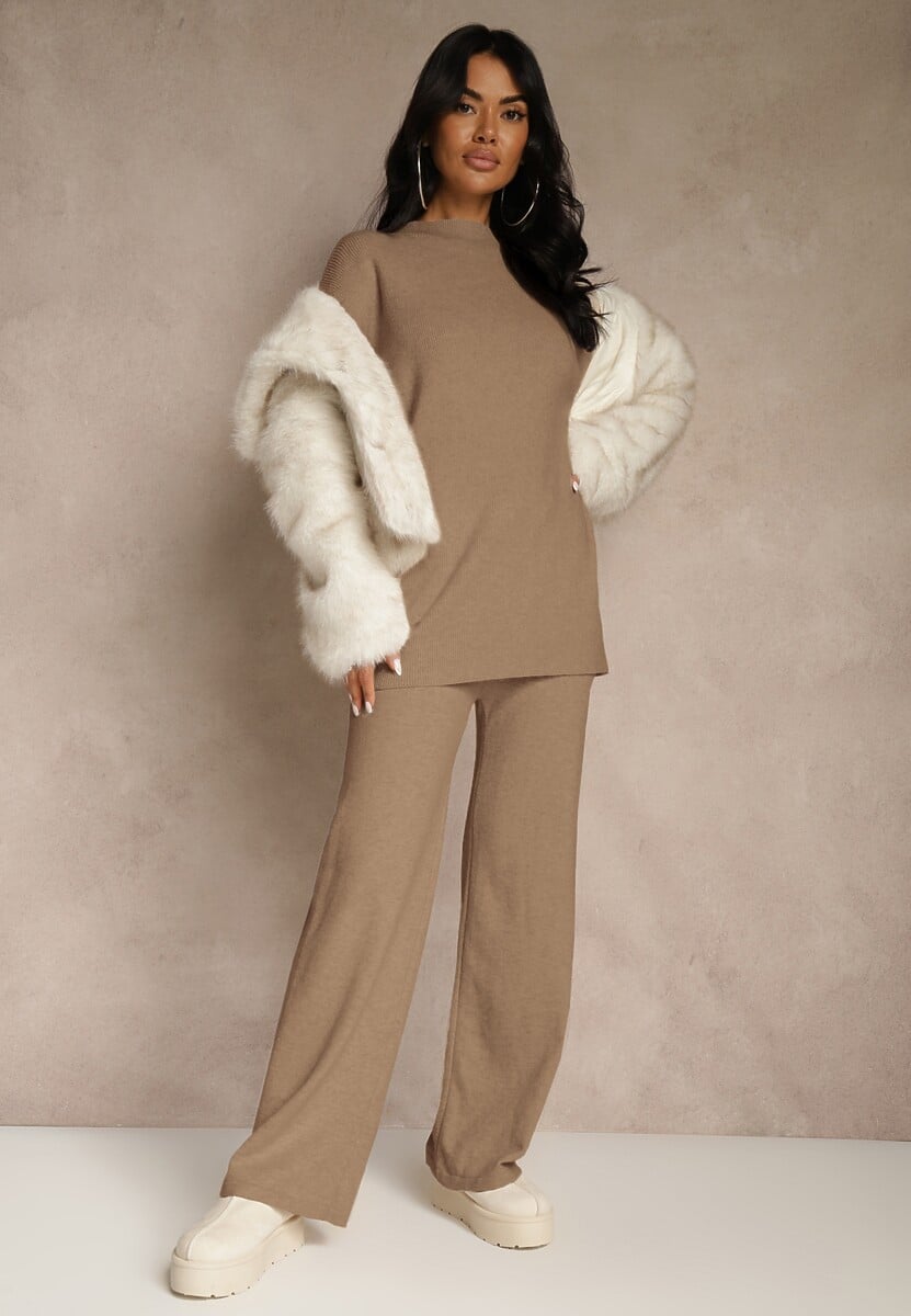 Ciemnobeżowy Komplet z Wełną i Bawełną Szerokie Spodnie i Sweter o Długim Kroju Reilissa 2