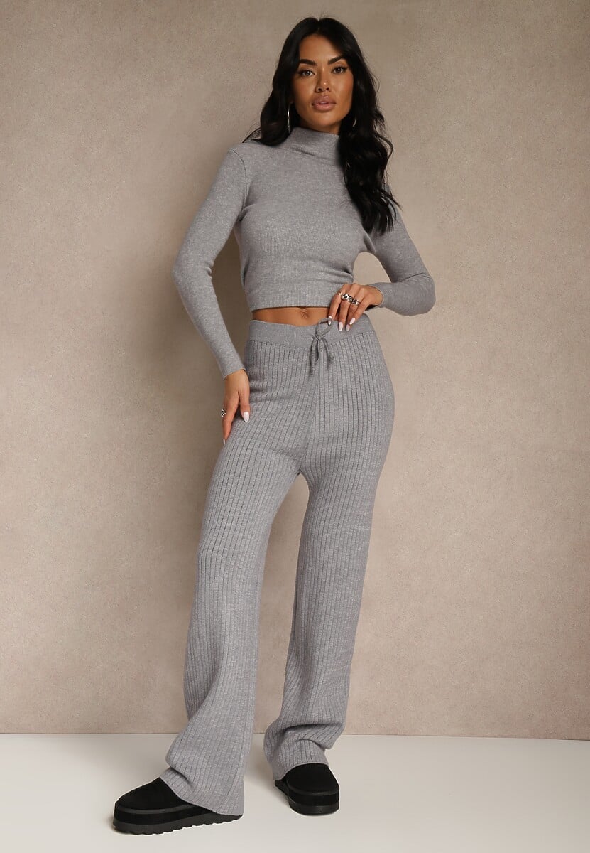 Szare Szerokie Spodnie z Wełną 	High Waist z Prążkowanego Materiału Reinna 2