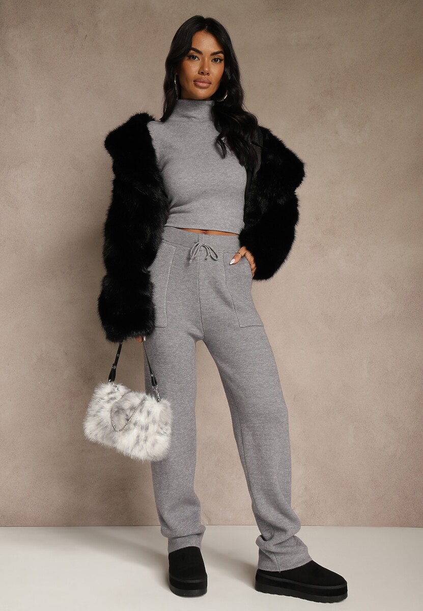 Szare Spodnie z Wełną ze Sznurkiem i Ozdobnymi Kieszeniami Moneressa 2