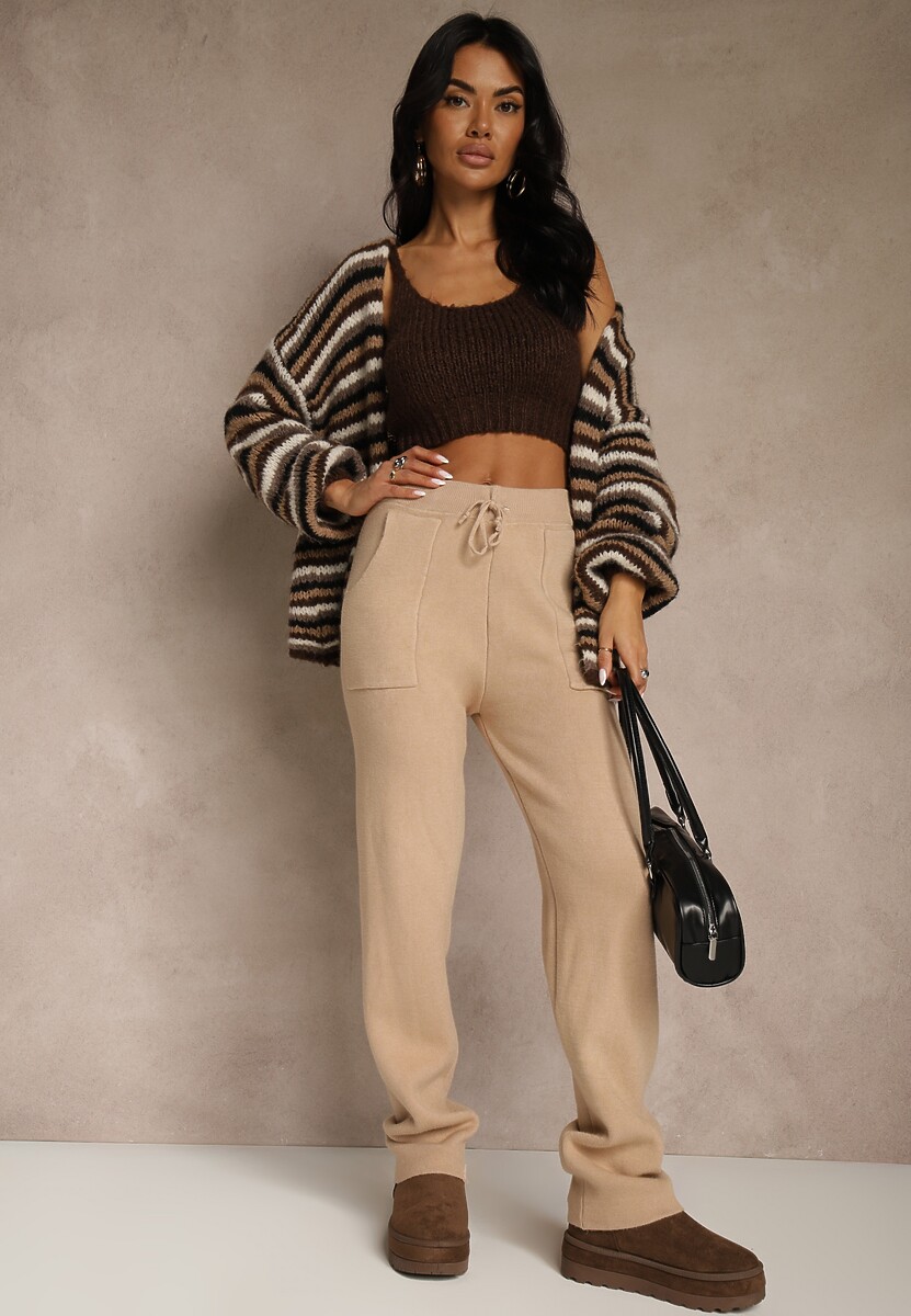 Ciemnobeżowe Spodnie z Wełną ze Sznurkiem i Ozdobnymi Kieszeniami Moneressa 2