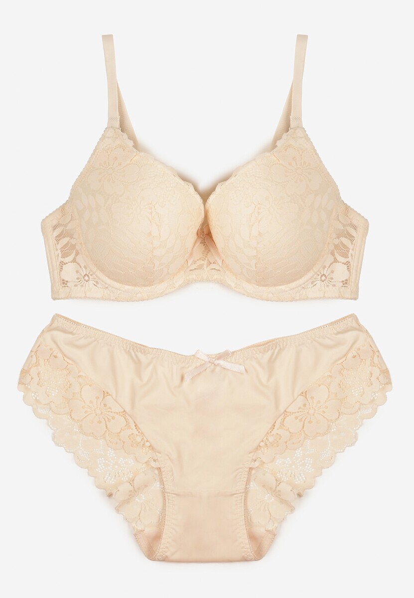 Jasnobeżowy Koronkowy Komplet Majtki Figi i Biustonosz Eziselle 1