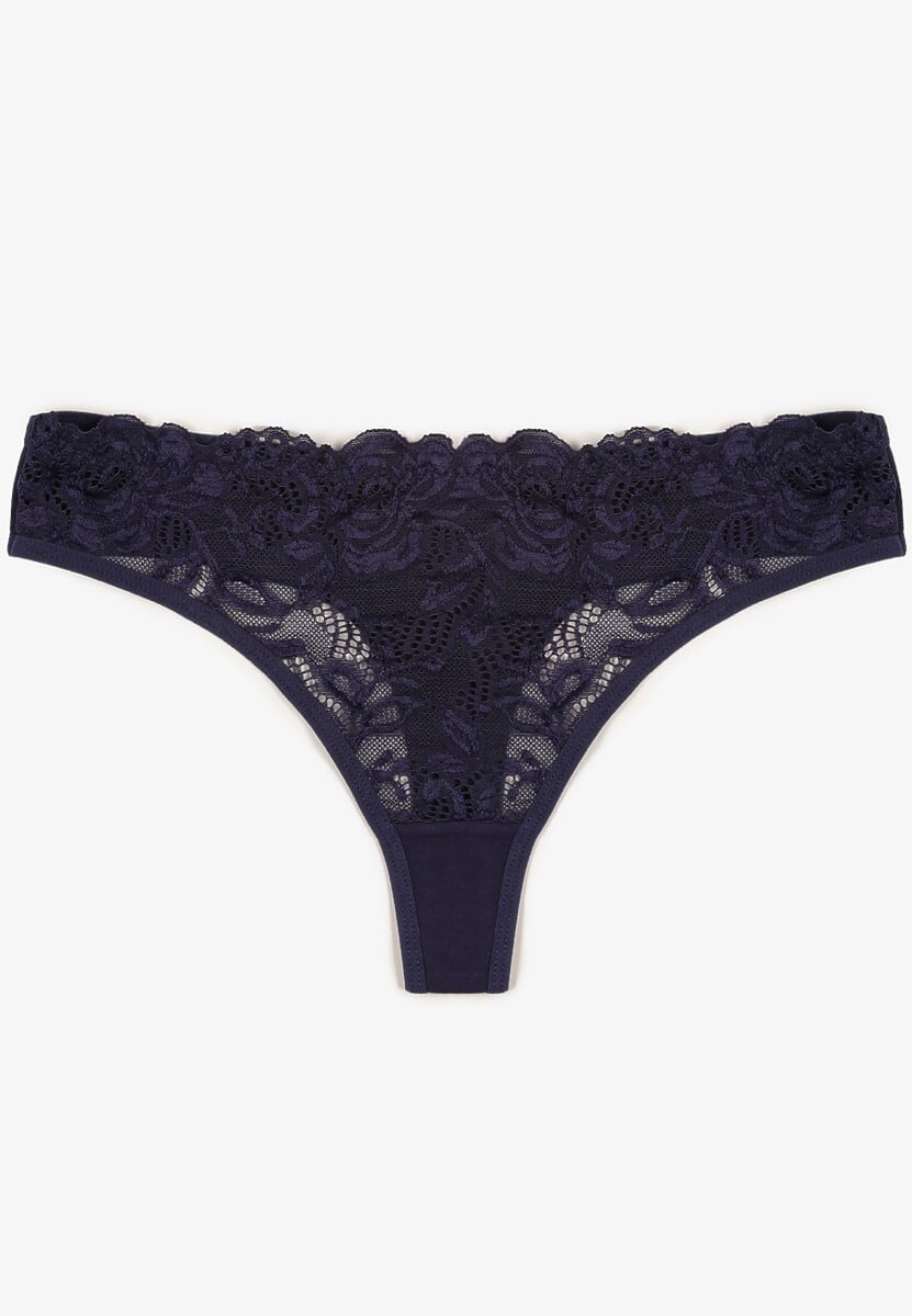 Granatowe Bawełniane Majtki Stringi z Koronką Ilwedana 1