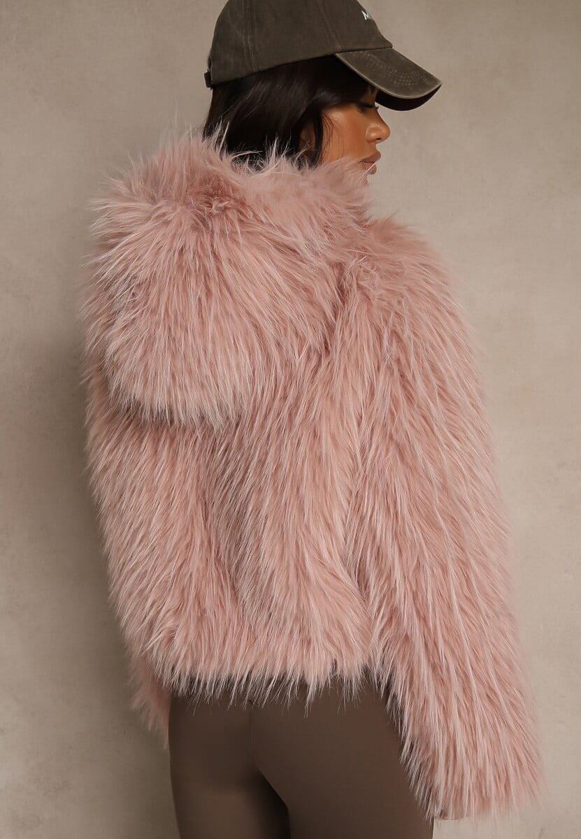 Różowa Kurtka Futerko z Kapturem i Zapięciem na Suwak Zetora 3