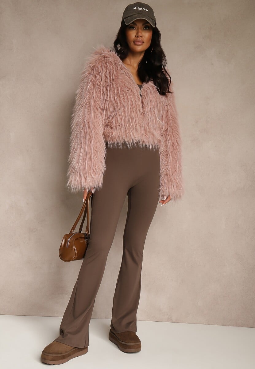 Różowa Kurtka Futerko z Kapturem i Zapięciem na Suwak Zetora 2