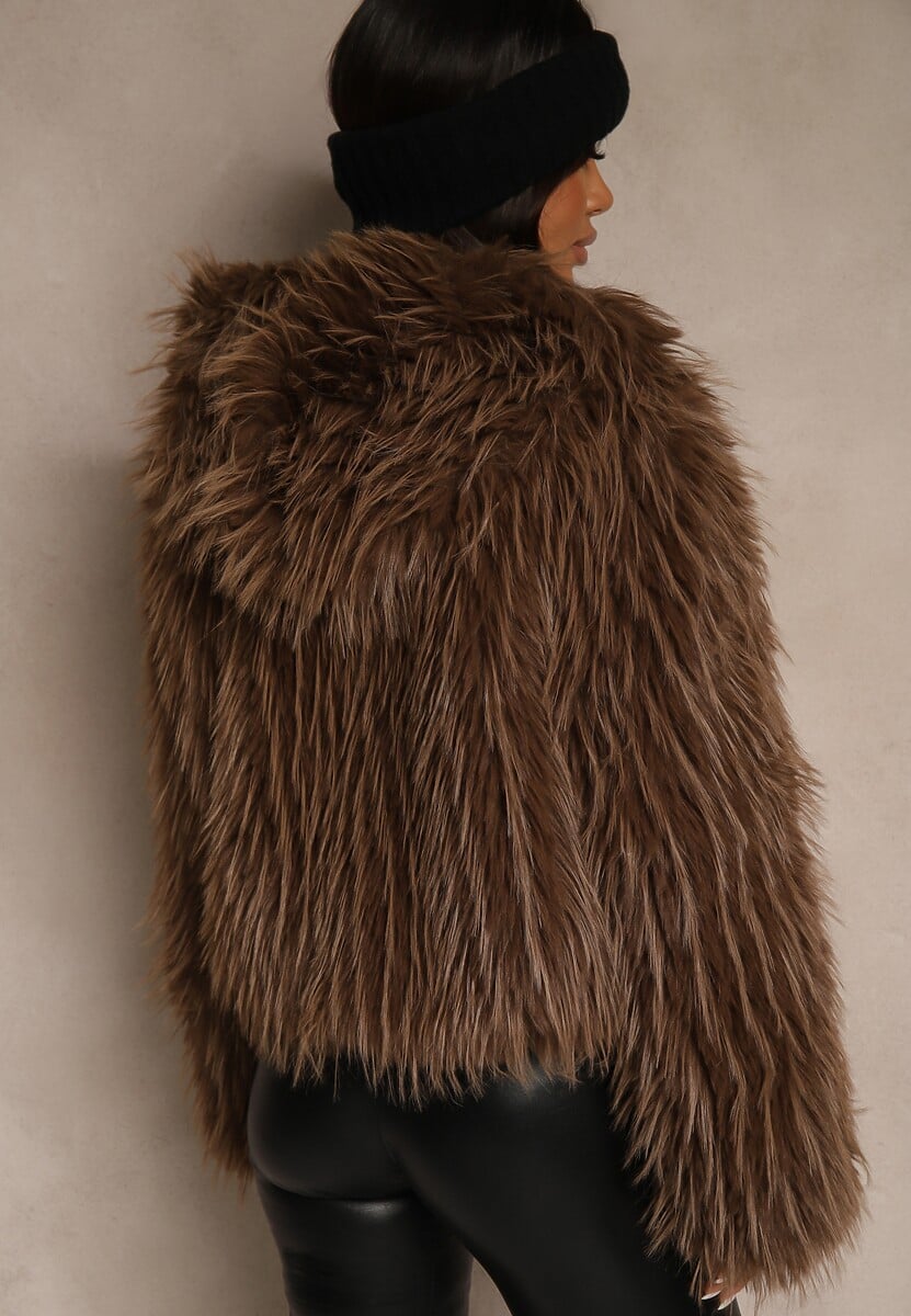 Brązowa Kurtka Futerko z Kapturem i Zapięciem na Suwak Zetora 3