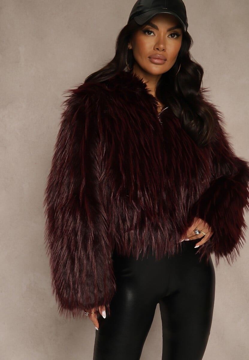 Bordowa Kurtka Futerko z Kapturem i Zapięciem na Suwak Zetora 1