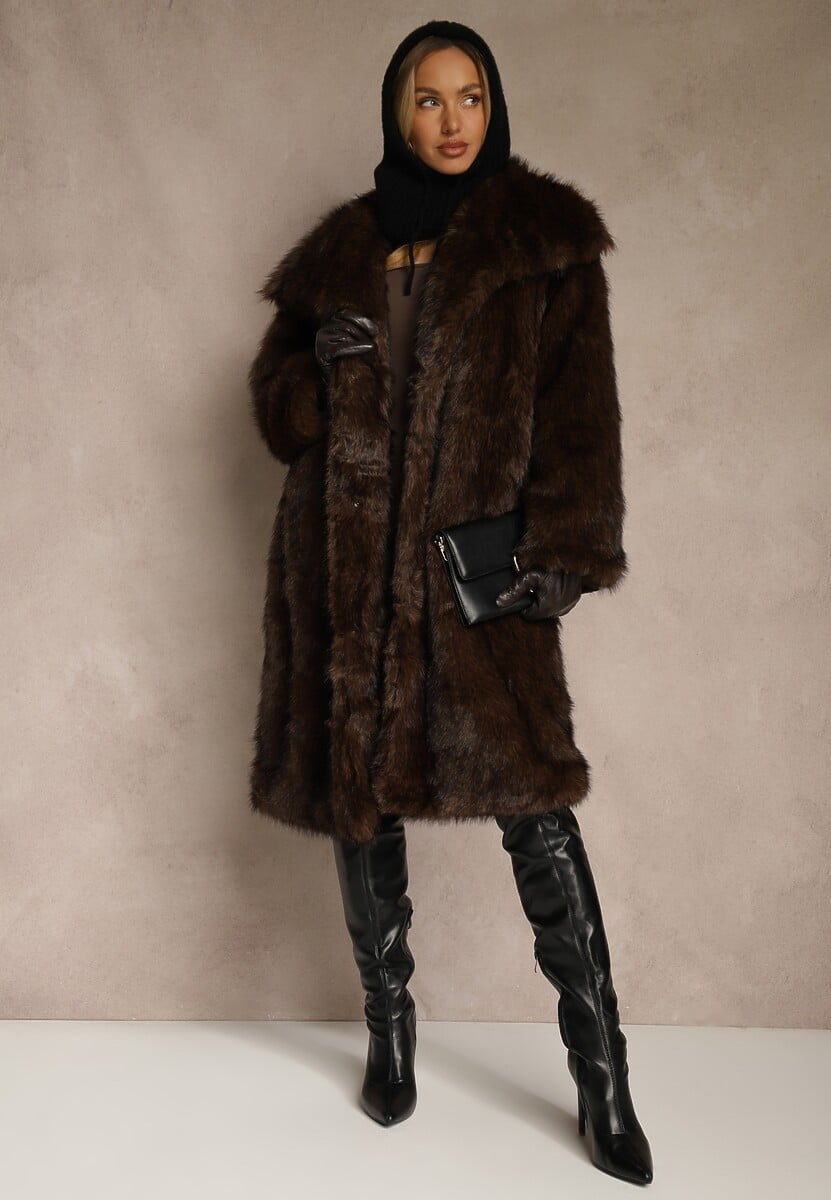Brązowy Płaszcz Futro o Jednorzędowym Kroju z Szerokim Kołnierzem Aweda 3