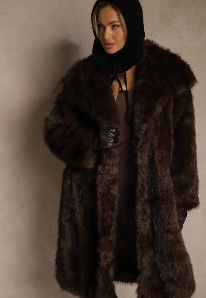 Brązowy Płaszcz Futro o Jednorzędowym Kroju z Szerokim Kołnierzem Aweda 2