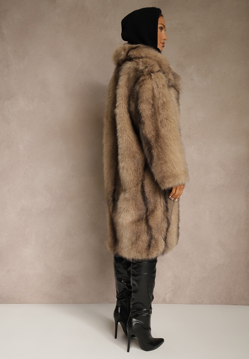 Brązowy Płaszcz Futerko o Prostym Kroju z Szerokim Kołnierzem Ezilana 3