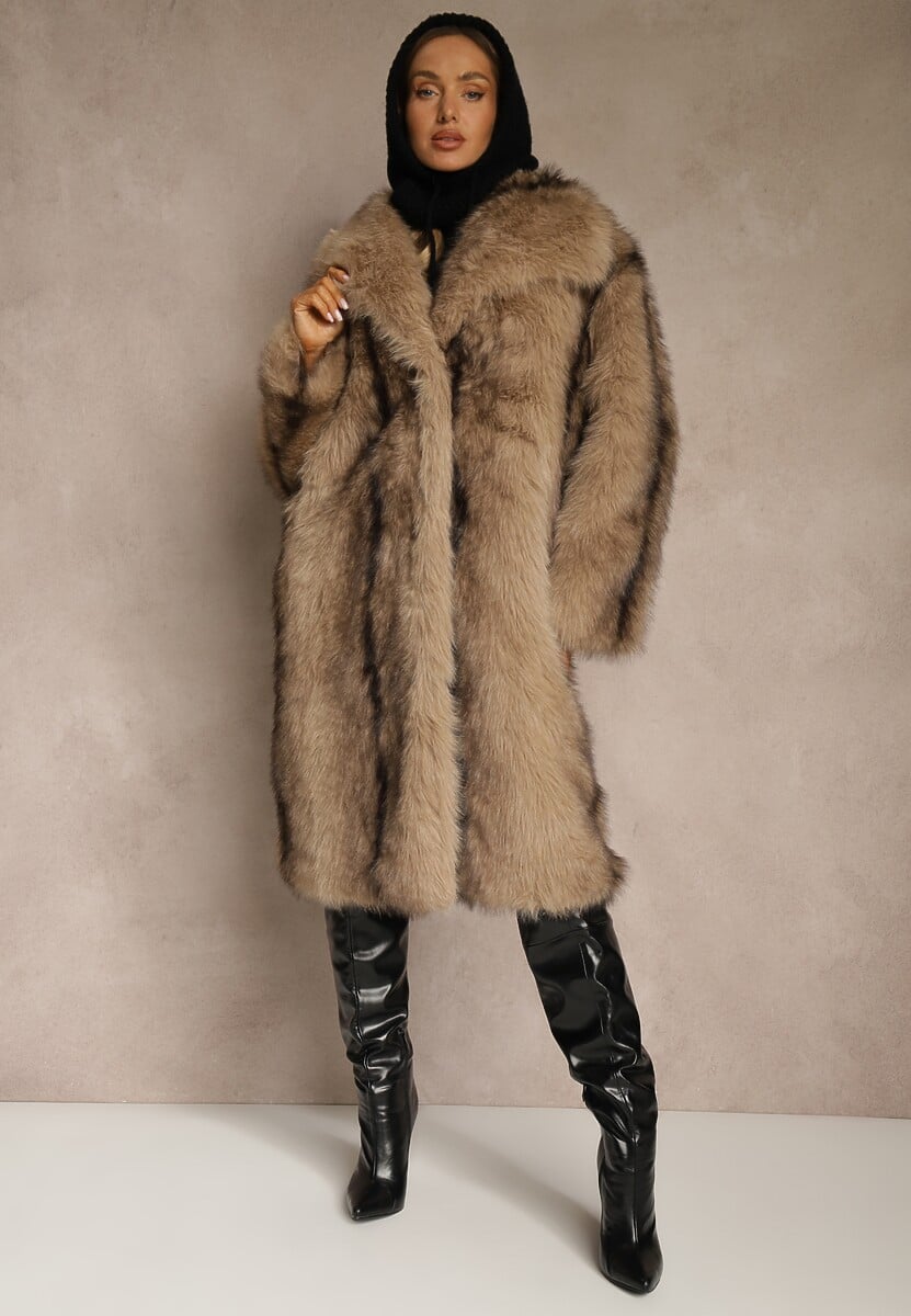 Brązowy Płaszcz Futerko o Prostym Kroju z Szerokim Kołnierzem Ezilana 1