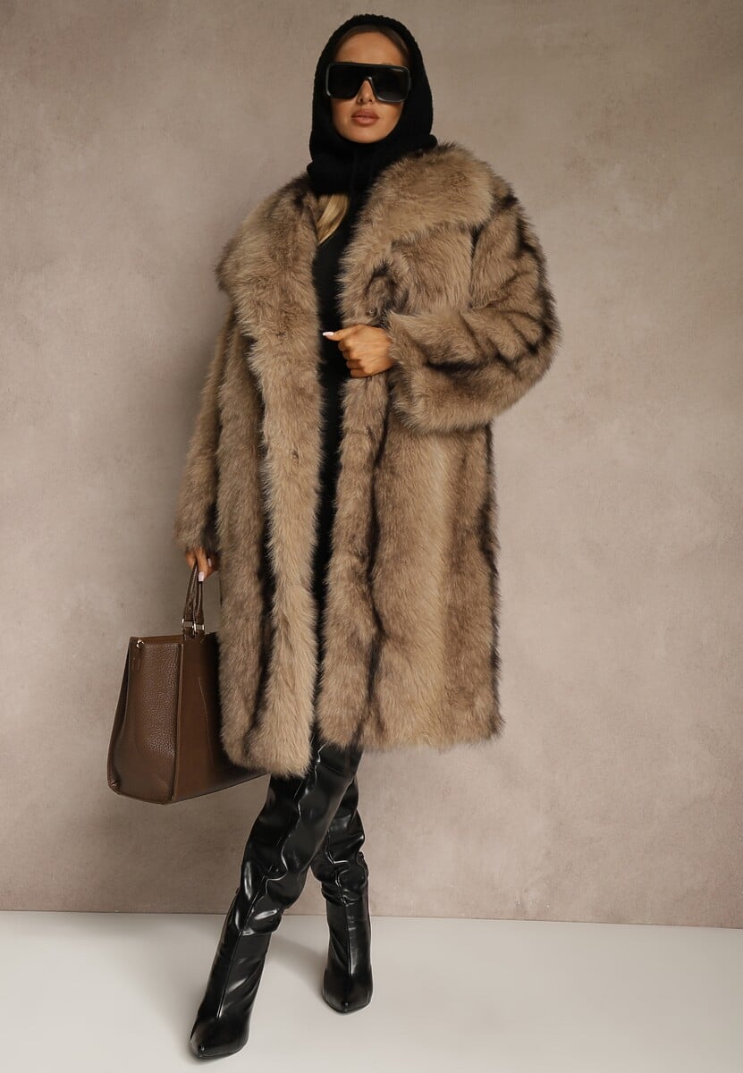 Brązowy Płaszcz Futerko o Prostym Kroju z Szerokim Kołnierzem Ezilana 2