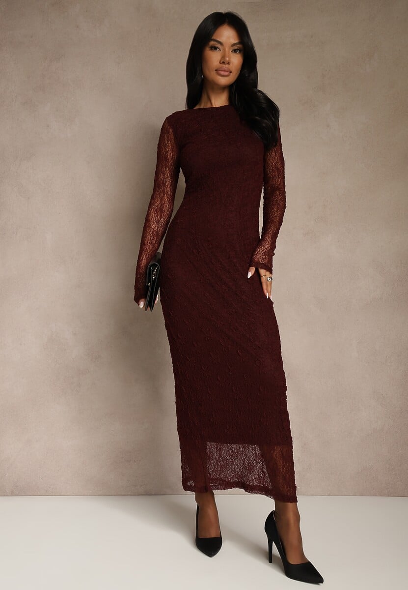 Bordowa Koronkowa Sukienka Typu Longsleeve o Dopasowanym Kroju Zenoresa 1