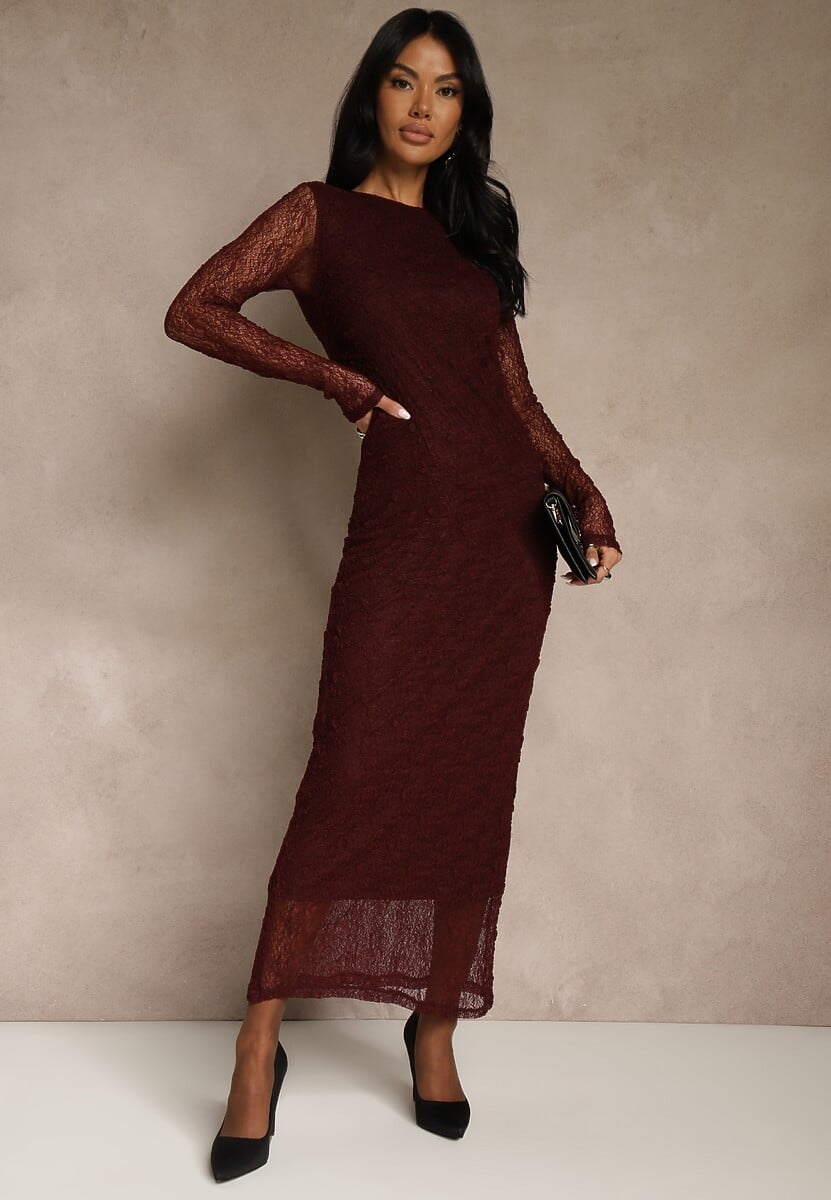 Bordowa Koronkowa Sukienka Typu Longsleeve o Dopasowanym Kroju Zenoresa 2