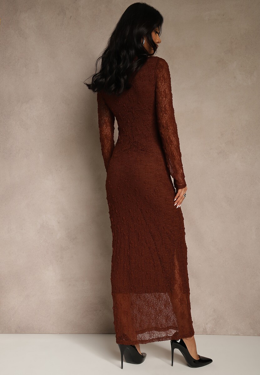 Brązowa Koronkowa Sukienka Typu Longsleeve o Dopasowanym Kroju Zenoresa 3