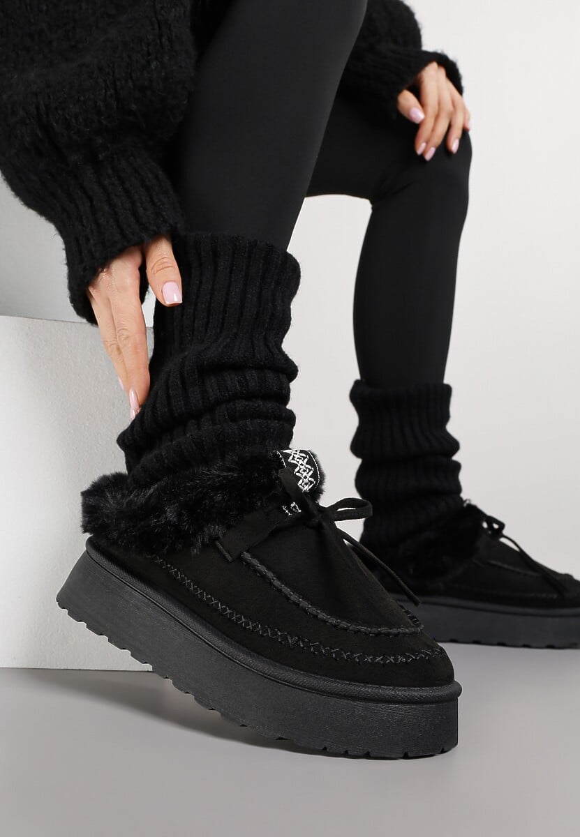 Czarne Rustykalne Śniegowce z Niską Cholewką Zdobione Futrem i Kokardą Tuspena 2