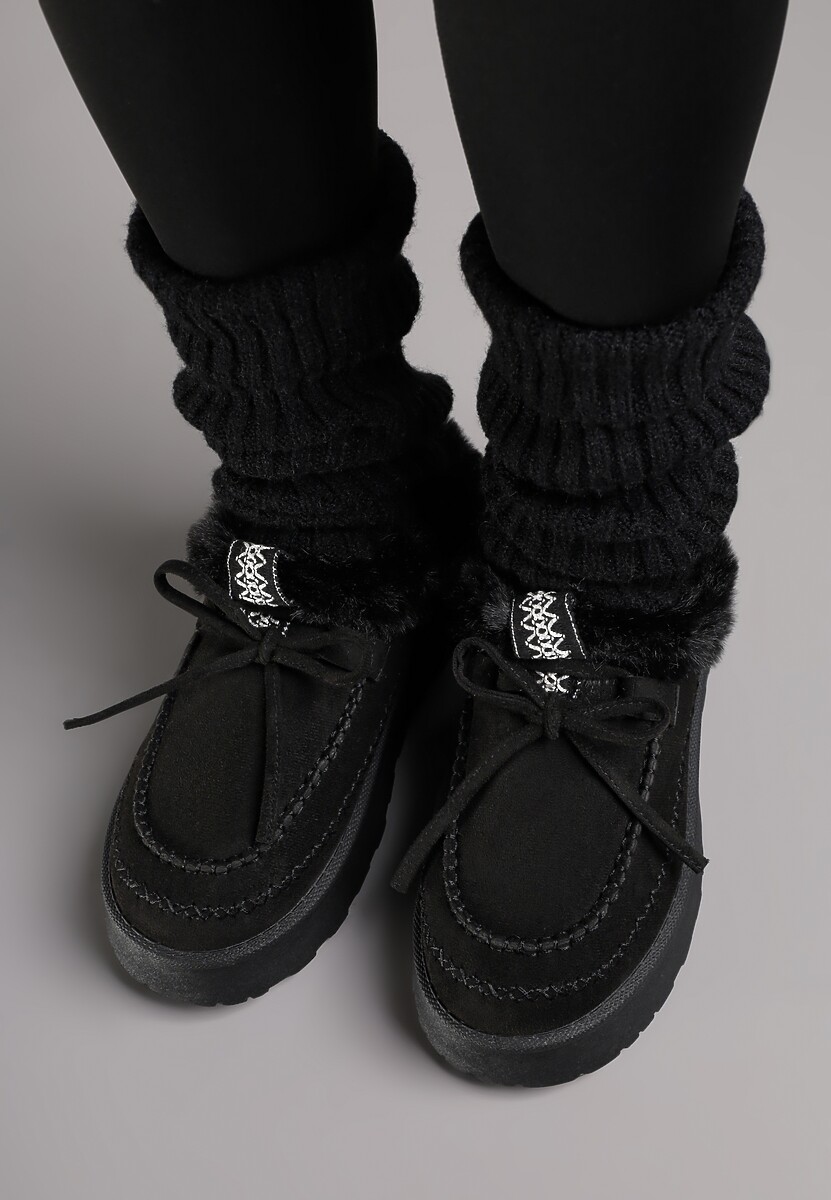 Czarne Rustykalne Śniegowce z Niską Cholewką Zdobione Futrem i Kokardą Tuspena 3