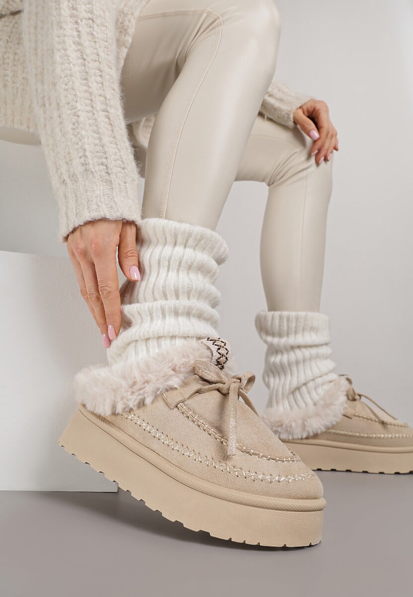 Beżowe Rustykalne Śniegowce z Niską Cholewką Zdobione Futrem i Kokardą Tuspena 1