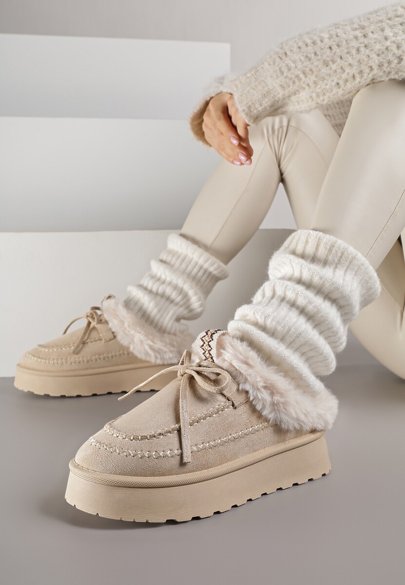 Beżowe Rustykalne Śniegowce z Niską Cholewką Zdobione Futrem i Kokardą Tuspena 2