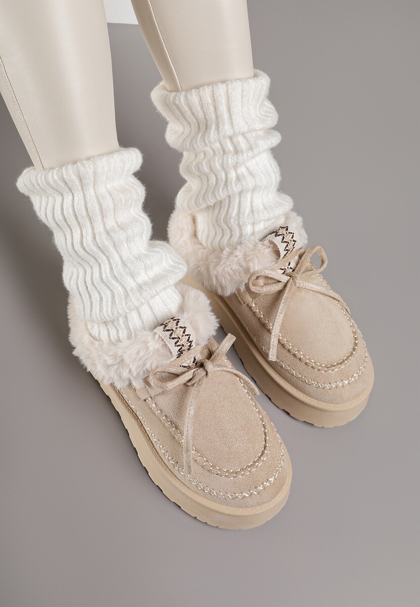 Beżowe Rustykalne Śniegowce z Niską Cholewką Zdobione Futrem i Kokardą Tuspena 3