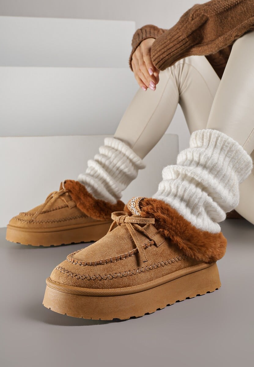 Brązowe Rustykalne Śniegowce z Niską Cholewką Zdobione Futrem i Kokardą Tuspena 1