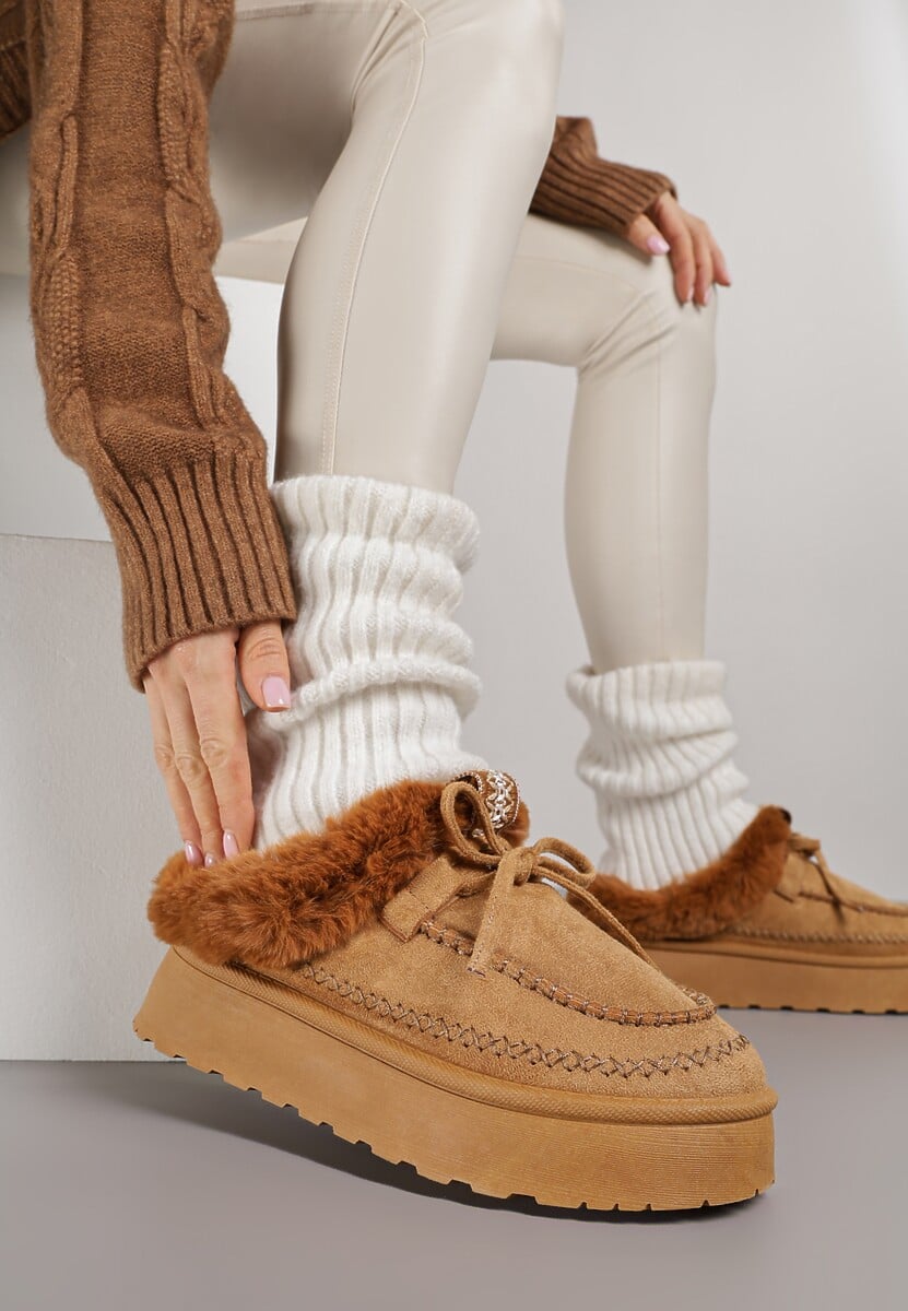 Brązowe Rustykalne Śniegowce z Niską Cholewką Zdobione Futrem i Kokardą Tuspena 2