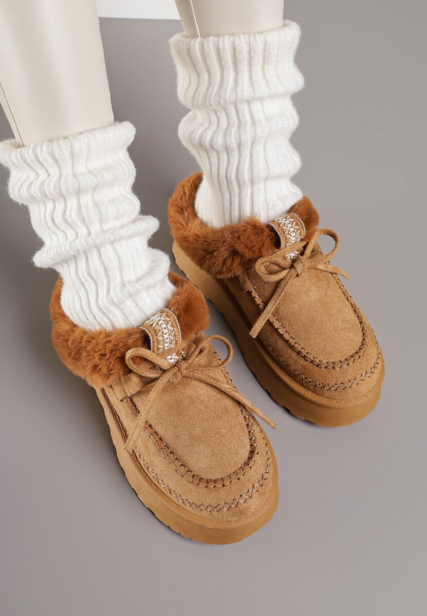 Brązowe Rustykalne Śniegowce z Niską Cholewką Zdobione Futrem i Kokardą Tuspena 3