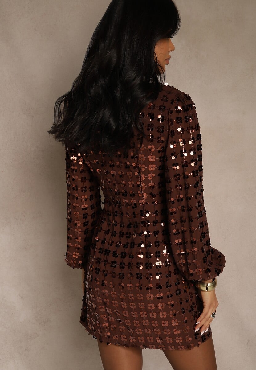 Brązowa Sukienka o Kopertowym Kroju z Wiązaniem i Cekinami Wedessa 3