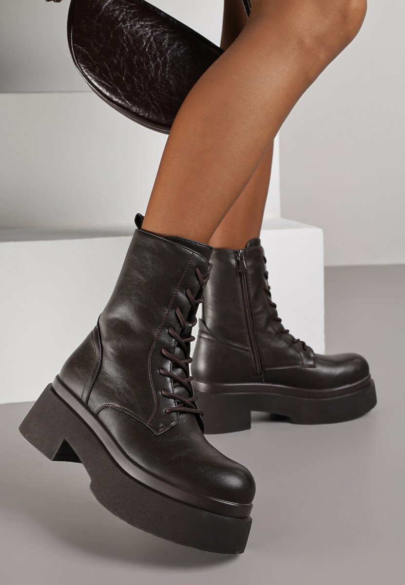 Brązowe Botki Workery na Platformie Tusella 1