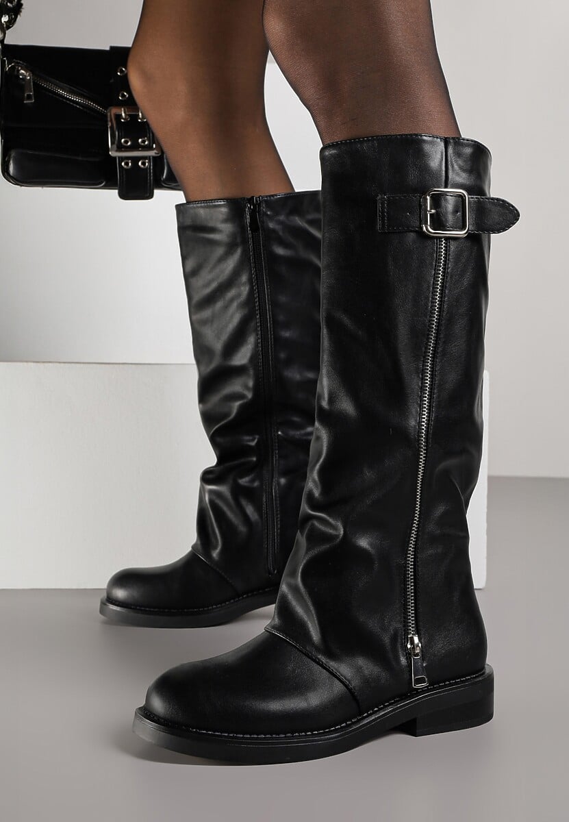 Czarne Kozaki w Stylu Bikerów z Klamrą i Suwakiem Linfara 2