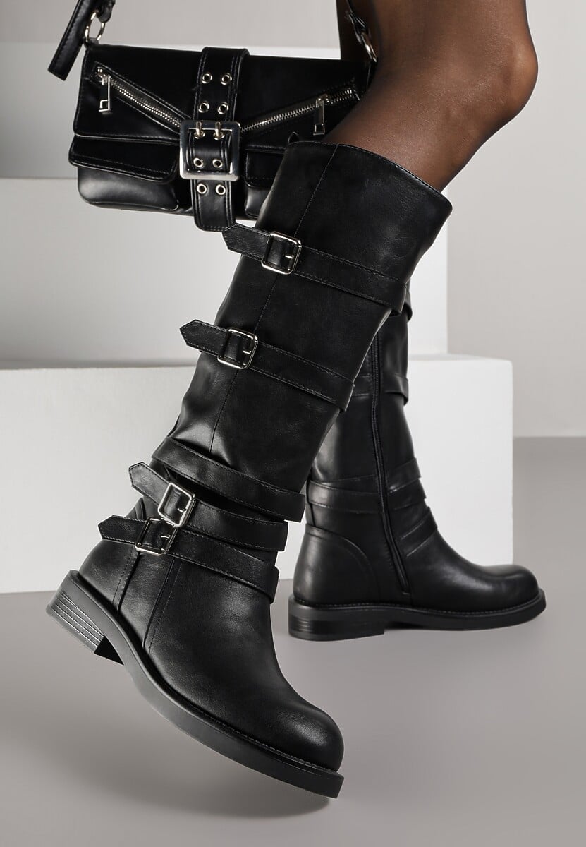 Czarne Kozaki Typu Bikery z Kwadratowymi Klamrami i Paskami Linadra 1