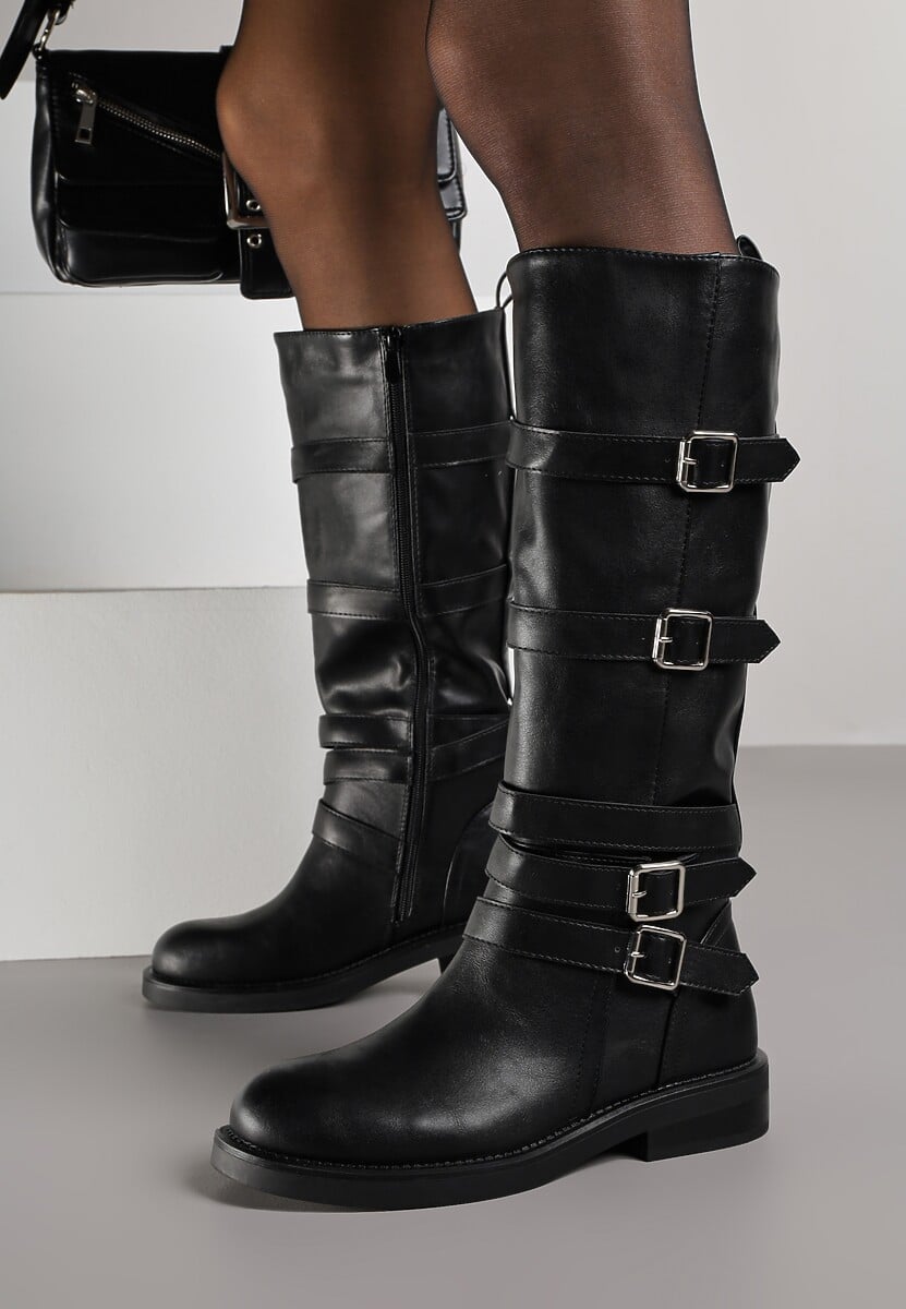 Czarne Kozaki Typu Bikery z Kwadratowymi Klamrami i Paskami Linadra 2