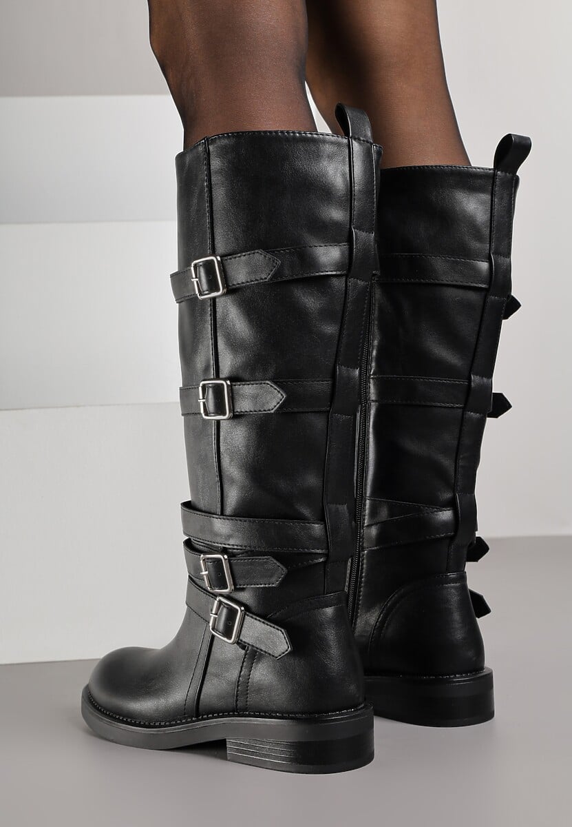 Czarne Kozaki Typu Bikery z Kwadratowymi Klamrami i Paskami Linadra 3