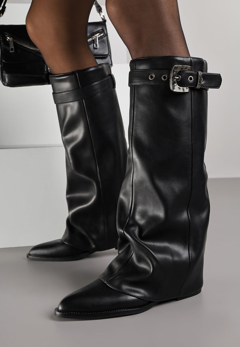 Czarne Kozaki ze Szpiczastym Noskiem i Wywiniętą Cholewką ze Sprzączką Tusenia 2