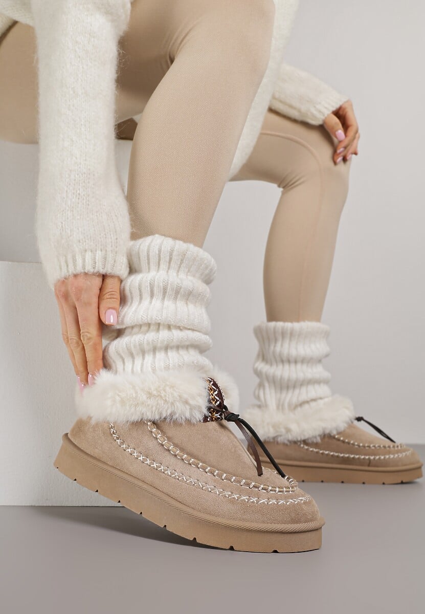 Ciemnobeżowe Śniegowce na Platformie Ozdobione Haftem i Futerkiem Linedis 2