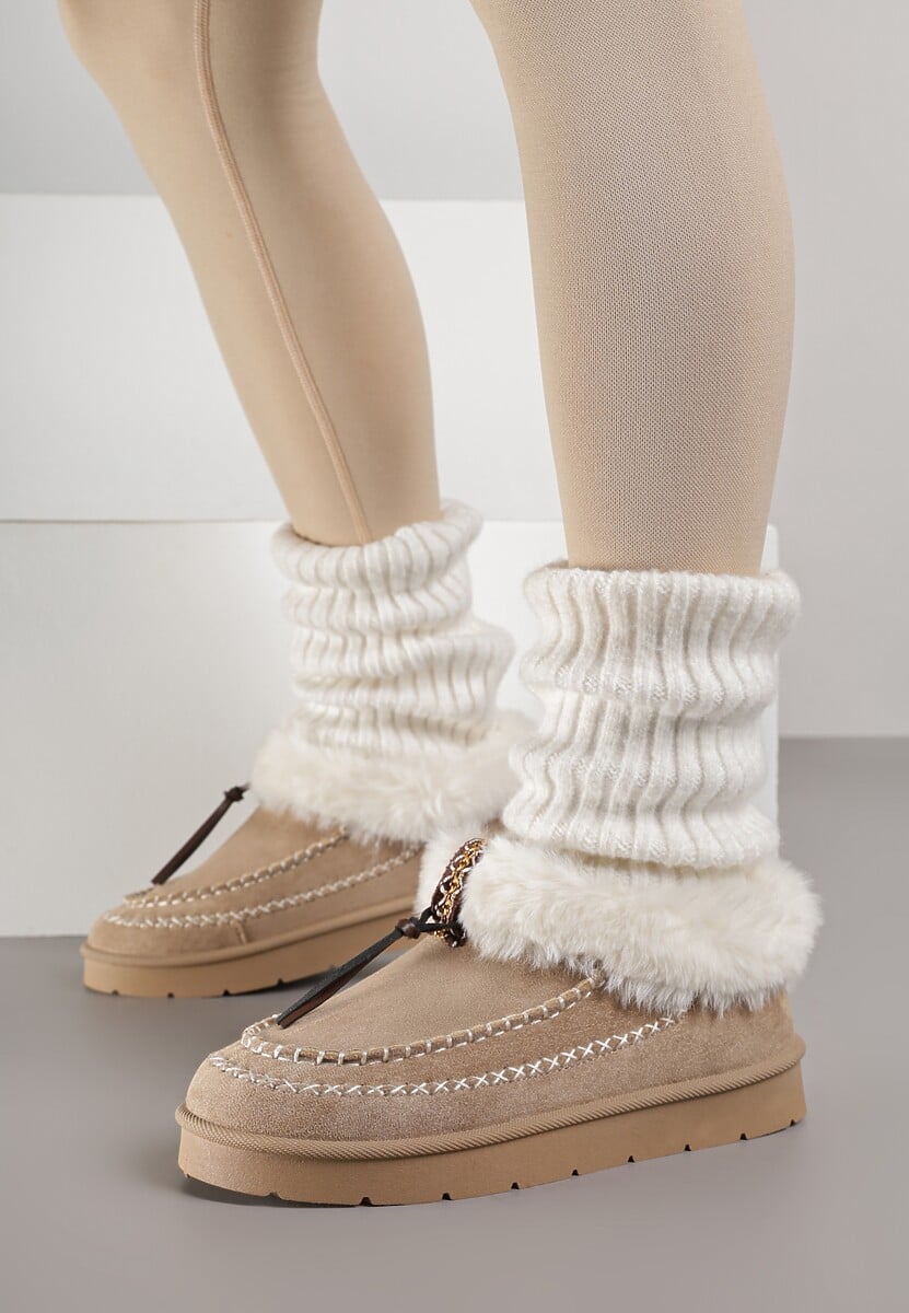 Ciemnobeżowe Śniegowce na Platformie Ozdobione Haftem i Futerkiem Linedis 3