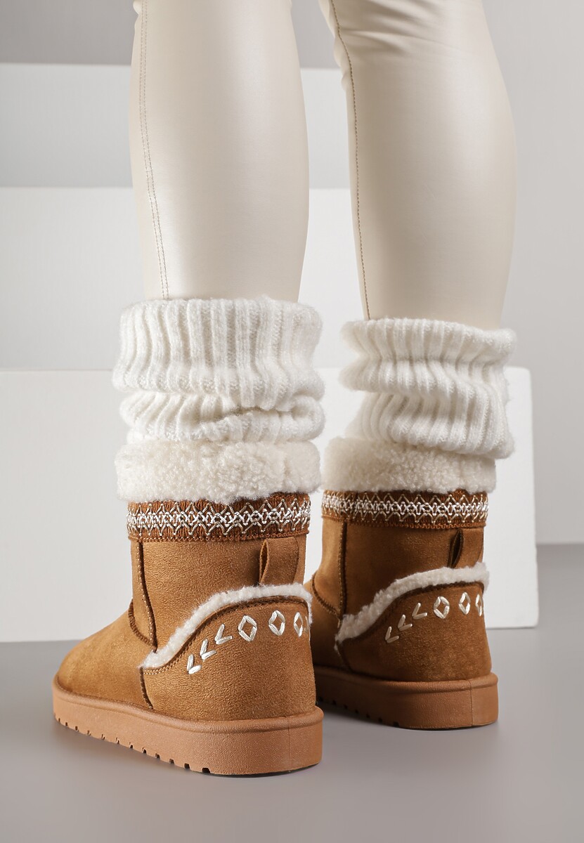 Brązowe Śniegowce o Wsuwanym Fasonie z Haftem i Futrem przy Cholewce Mevinadia 3